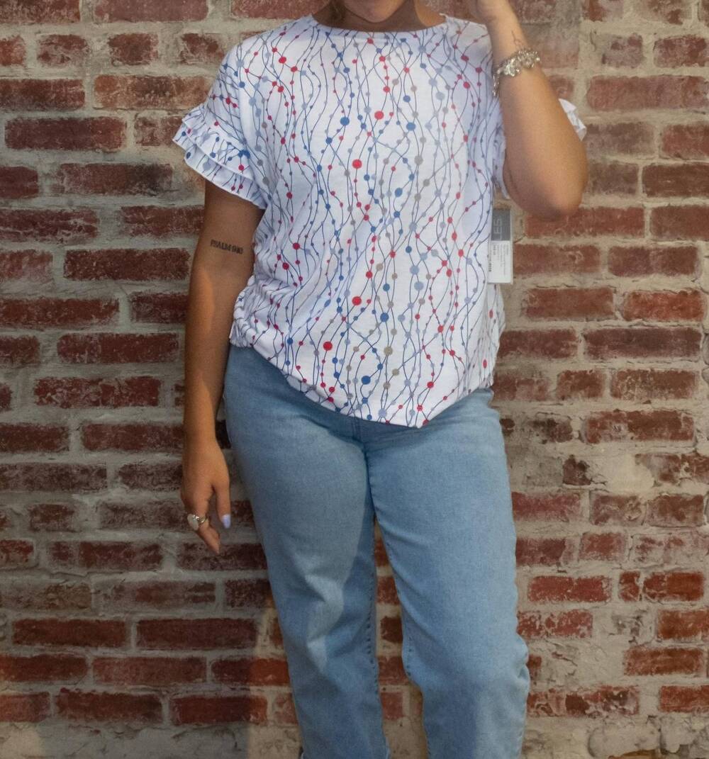 NEW MULTIPLES dotted flounce sleeve top in red white blue